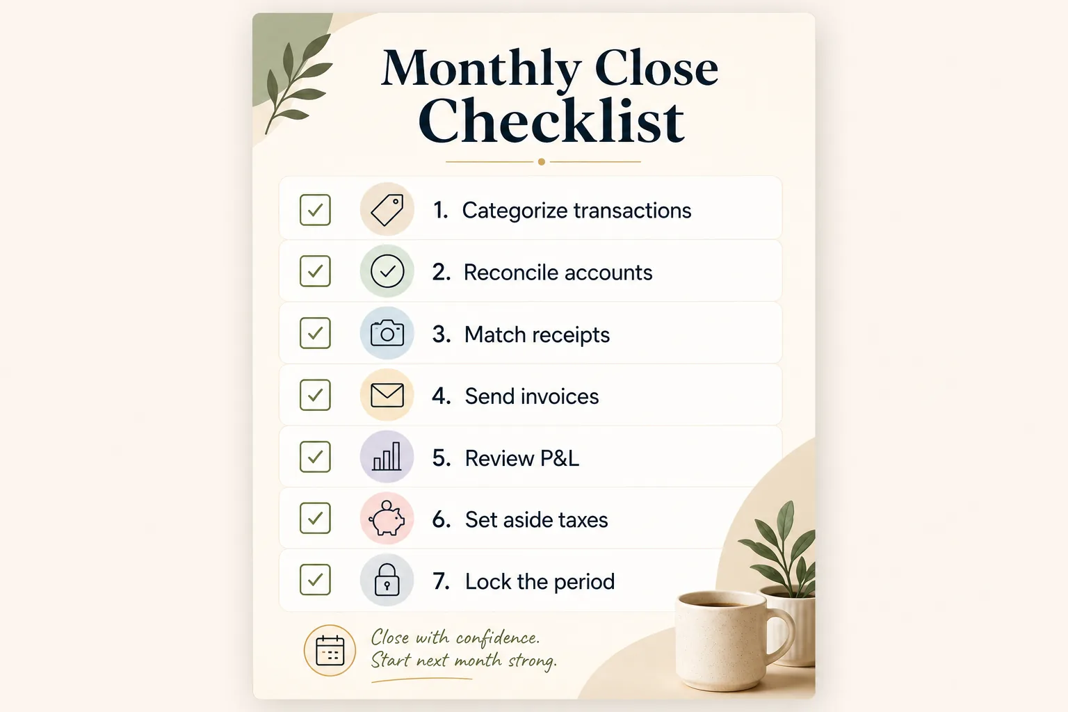 A monthly close checklist showing seven steps: categorize transactions, reconcile accounts, match receipts, send invoices, review P&L, set aside taxes, and lock the period.